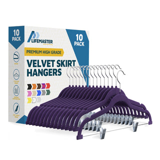 Velvet Skirt Hangers – with Adjustable Clips, 360 Degree Swivel Hook, and Non-Slip Shoulder Notch, Holds Up to 5 lbs, for Organizing Skirt, Pants, Dress, and Clothes, Purple