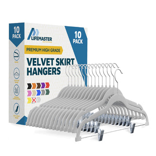 Velvet Skirt Hangers – with Adjustable Clips, 360 Degree Swivel Hook, and Non-Slip Shoulder Notch, Holds Up to 5 lbs, for Organizing Skirt, Pants, Dress, and Clothes, White