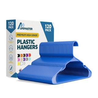 Lifemaster Plastic Clothes Hangers – Heavy Duty Hanger Set, For Organizing Clothes, Dresses, and Coats, Holds Up To 5 lbs, Space-saving Hangers with Non-Slip Shoulder Grooves, Blue