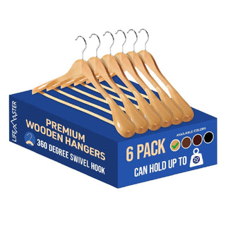 Lifemaster Solid Wooden Hanger Set - Non-Slip Versatile Closet Space-Saving Hanger Set for Suit, Coat, Camisole, Jacket, Pants, and Dresses with 360° Swivel Hook - Natural Color