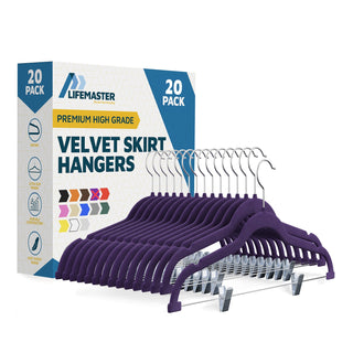 Velvet Skirt Hangers – with Adjustable Clips, 360 Degree Swivel Hook, and Non-Slip Shoulder Notch, Holds Up to 5 lbs, for Organizing Skirt, Pants, Dress, and Clothes, Purple