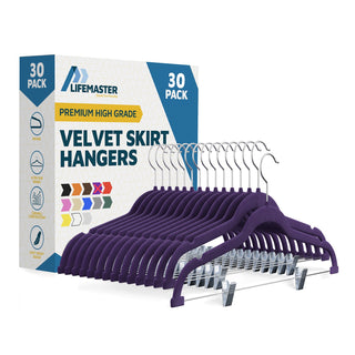 Velvet Skirt Hangers – with Adjustable Clips, 360 Degree Swivel Hook, and Non-Slip Shoulder Notch, Holds Up to 5 lbs, for Organizing Skirt, Pants, Dress, and Clothes, Purple