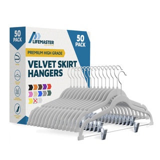 Velvet Skirt Hangers – with Adjustable Clips, 360 Degree Swivel Hook, and Non-Slip Shoulder Notch, Holds Up to 5 lbs, for Organizing Skirt, Pants, Dress, and Clothes, White