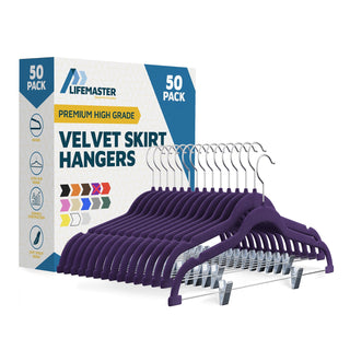 Velvet Skirt Hangers – with Adjustable Clips, 360 Degree Swivel Hook, and Non-Slip Shoulder Notch, Holds Up to 5 lbs, for Organizing Skirt, Pants, Dress, and Clothes, Purple