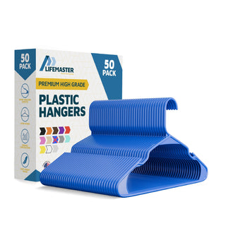 Lifemaster Plastic Clothes Hangers – Heavy Duty Hanger Set, For Organizing Clothes, Dresses, and Coats, Holds Up To 5 lbs, Space-saving Hangers with Non-Slip Shoulder Grooves, Blue