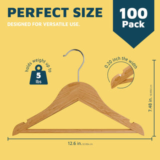 Natural Color Wooden Kids Hangers 100 Pack, Toddler & Baby Wooden Hangers, 11.8" Solid Maple Wood with 360° Swivel Hook, Pants Bar & Notches, Up to 7.7lb Capacity, Space-Saving Design for Ages 0–8