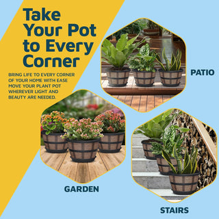 10-Inch Whiskey Barrel Planters Outdoor Pack of 4, Plastic Decoration Plant Pots for Indoor & Outdoor Use with Drainage & Saucer, Rustic Garden Planters for Flowers, Small Plants & Herbs