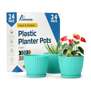 6-Inch Plant Pots with Drainage & Saucers, Indoor & Outdoor Planters for Houseplants, Herbs, and Flowers, Durable & Weatherproof Material, Stackable, Lightweight, Minimalist Design