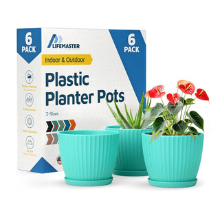 6-Inch Plant Pots with Drainage & Saucers, Indoor & Outdoor Planters for Houseplants, Herbs, and Flowers, Durable & Weatherproof Material, Stackable, Lightweight, Minimalist Design