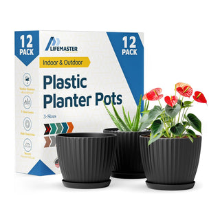 6-Inch Plant Pots with Drainage & Saucers, Indoor & Outdoor Planters for Houseplants, Herbs, and Flowers, Durable & Weatherproof Material, Stackable, Lightweight, Minimalist Design