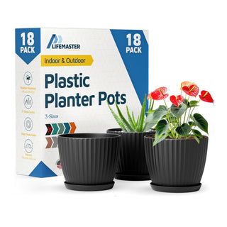 6-Inch Plant Pots with Drainage & Saucers, Indoor & Outdoor Planters for Houseplants, Herbs, and Flowers, Durable & Weatherproof Material, Stackable, Lightweight, Minimalist Design