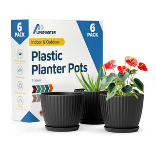 6-Inch Plant Pots with Drainage & Saucers, Indoor & Outdoor Planters for Houseplants, Herbs, and Flowers, Durable & Weatherproof Material, Stackable, Lightweight, Minimalist Design