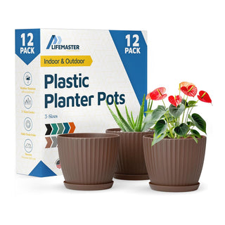 6-Inch Plant Pots with Drainage & Saucers, Indoor & Outdoor Planters for Houseplants, Herbs, and Flowers, Durable & Weatherproof Material, Stackable, Lightweight, Minimalist Design