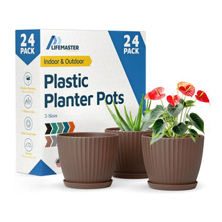 6-Inch Plant Pots with Drainage & Saucers, Indoor & Outdoor Planters for Houseplants, Herbs, and Flowers, Durable & Weatherproof Material, Stackable, Lightweight, Minimalist Design