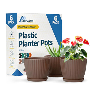 6-Inch Plant Pots with Drainage & Saucers, Indoor & Outdoor Planters for Houseplants, Herbs, and Flowers, Durable & Weatherproof Material, Stackable, Lightweight, Minimalist Design