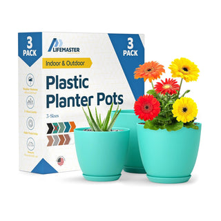 Plant Pots with Drainage Holes & Saucers, Indoor & Outdoor Stackable Plastic Planters in Multiple Sizes for Houseplants & Flowers, Durable & Weatherproof Materials, Matte Finish