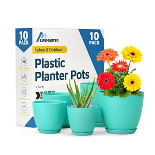 Plant Pots with Drainage Holes & Saucers, Indoor & Outdoor Stackable Plastic Planters in Multiple Sizes for Houseplants & Flowers, Durable & Weatherproof Materials, Matte Finish