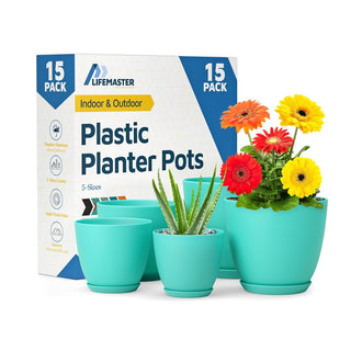 Plant Pots with Drainage Holes & Saucers, Indoor & Outdoor Stackable Plastic Planters in Multiple Sizes for Houseplants & Flowers, Durable & Weatherproof Materials, Matte Finish