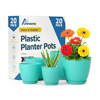 Plant Pots with Drainage Holes & Saucers, Indoor & Outdoor Stackable Plastic Planters in Multiple Sizes for Houseplants & Flowers, Durable & Weatherproof Materials, Matte Finish