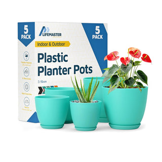 Plant Pots with Drainage Holes & Saucers, Indoor & Outdoor Stackable Plastic Planters in Multiple Sizes for Houseplants & Flowers, Durable & Weatherproof Materials, Matte Finish