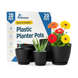 Plant Pots with Drainage Holes & Saucers, Indoor & Outdoor Stackable Plastic Planters in Multiple Sizes for Houseplants & Flowers, Durable & Weatherproof Materials, Matte Finish