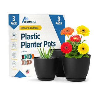 Plant Pots with Drainage Holes & Saucers, Indoor & Outdoor Stackable Plastic Planters in Multiple Sizes for Houseplants & Flowers, Durable & Weatherproof Materials, Matte Finish