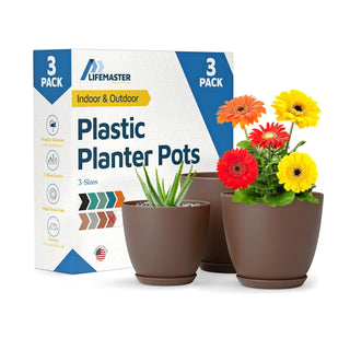 Plant Pots with Drainage Holes & Saucers, Indoor & Outdoor Stackable Plastic Planters in Multiple Sizes for Houseplants & Flowers, Durable & Weatherproof Materials, Matte Finish