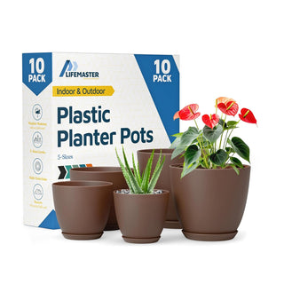 Plant Pots with Drainage Holes & Saucers, Indoor & Outdoor Stackable Plastic Planters in Multiple Sizes for Houseplants & Flowers, Durable & Weatherproof Materials, Matte Finish