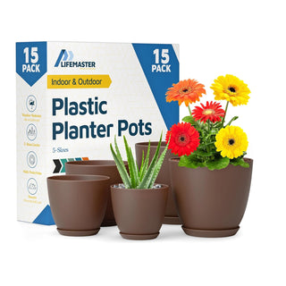 Plant Pots with Drainage Holes & Saucers, Indoor & Outdoor Stackable Plastic Planters in Multiple Sizes for Houseplants & Flowers, Durable & Weatherproof Materials, Matte Finish