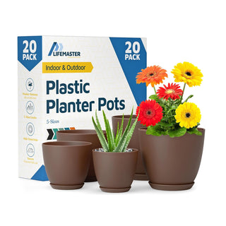 Plant Pots with Drainage Holes & Saucers, Indoor & Outdoor Stackable Plastic Planters in Multiple Sizes for Houseplants & Flowers, Durable & Weatherproof Materials, Matte Finish