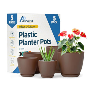 Plant Pots with Drainage Holes & Saucers, Indoor & Outdoor Stackable Plastic Planters in Multiple Sizes for Houseplants & Flowers, Durable & Weatherproof Materials, Matte Finish