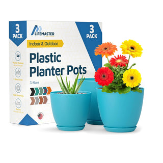 Plant Pots with Drainage Holes & Saucers, Indoor & Outdoor Stackable Plastic Planters in Multiple Sizes for Houseplants & Flowers, Durable & Weatherproof Materials, Matte Finish
