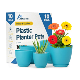 Plant Pots with Drainage Holes & Saucers, Indoor & Outdoor Stackable Plastic Planters in Multiple Sizes for Houseplants & Flowers, Durable & Weatherproof Materials, Matte Finish