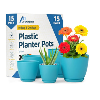 Plant Pots with Drainage Holes & Saucers, Indoor & Outdoor Stackable Plastic Planters in Multiple Sizes for Houseplants & Flowers, Durable & Weatherproof Materials, Matte Finish