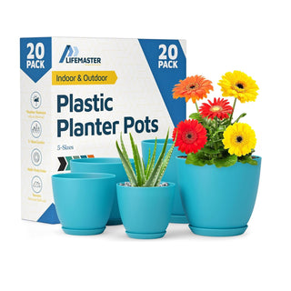 Plant Pots with Drainage Holes & Saucers, Indoor & Outdoor Stackable Plastic Planters in Multiple Sizes for Houseplants & Flowers, Durable & Weatherproof Materials, Matte Finish
