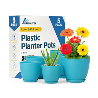Plant Pots with Drainage Holes & Saucers, Indoor & Outdoor Stackable Plastic Planters in Multiple Sizes for Houseplants & Flowers, Durable & Weatherproof Materials, Matte Finish