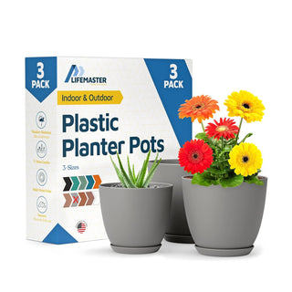 Plant Pots with Drainage Holes & Saucers, Indoor & Outdoor Stackable Plastic Planters in Multiple Sizes for Houseplants & Flowers, Durable & Weatherproof Materials, Matte Finish