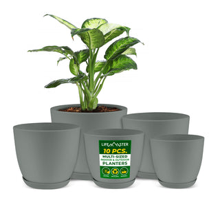 Lifemaster Planter Pots with Drainage Holes - Lightweight, Durable, and Space-Saving Pots for Indoor and Outdoor - Versatile Functionality, Simple Modern Design, Set of  Plastic Planter Pots.