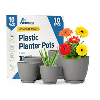Plant Pots with Drainage Holes & Saucers, Indoor & Outdoor Stackable Plastic Planters in Multiple Sizes for Houseplants & Flowers, Durable & Weatherproof Materials, Matte Finish