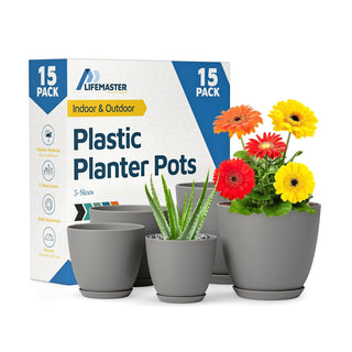 Plant Pots with Drainage Holes & Saucers, Indoor & Outdoor Stackable Plastic Planters in Multiple Sizes for Houseplants & Flowers, Durable & Weatherproof Materials, Matte Finish