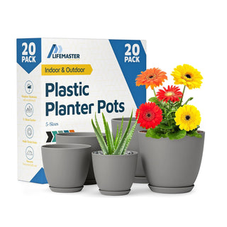 Plant Pots with Drainage Holes & Saucers, Indoor & Outdoor Stackable Plastic Planters in Multiple Sizes for Houseplants & Flowers, Durable & Weatherproof Materials, Matte Finish