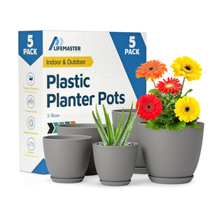 Plant Pots with Drainage Holes & Saucers, Indoor & Outdoor Stackable Plastic Planters in Multiple Sizes for Houseplants & Flowers, Durable & Weatherproof Materials, Matte Finish