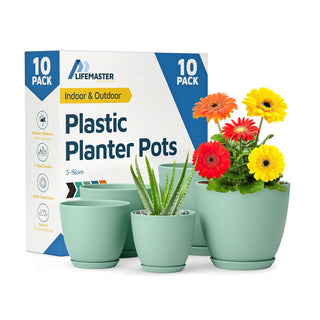 Plant Pots with Drainage Holes & Saucers, Indoor & Outdoor Stackable Plastic Planters in Multiple Sizes for Houseplants & Flowers, Durable & Weatherproof Materials, Matte Finish