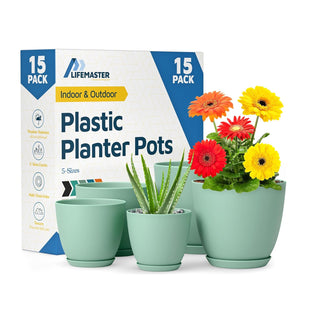 Plant Pots with Drainage Holes & Saucers, Indoor & Outdoor Stackable Plastic Planters in Multiple Sizes for Houseplants & Flowers, Durable & Weatherproof Materials, Matte Finish