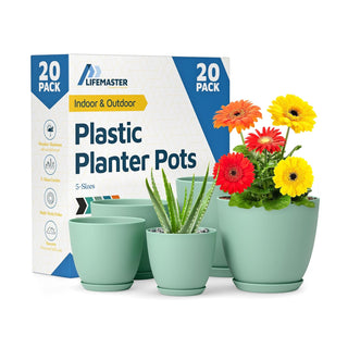 Plant Pots with Drainage Holes & Saucers, Indoor & Outdoor Stackable Plastic Planters in Multiple Sizes for Houseplants & Flowers, Durable & Weatherproof Materials, Matte Finish