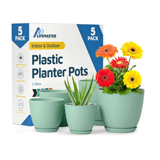 Plant Pots with Drainage Holes & Saucers, Indoor & Outdoor Stackable Plastic Planters in Multiple Sizes for Houseplants & Flowers, Durable & Weatherproof Materials, Matte Finish