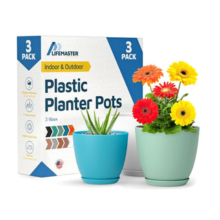 Plant Pots with Drainage Holes & Saucers, Indoor & Outdoor Stackable Plastic Planters in Multiple Sizes for Houseplants & Flowers, Durable & Weatherproof Materials, Matte Finish