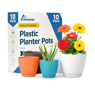 Plant Pots with Drainage Holes & Saucers, Indoor & Outdoor Stackable Plastic Planters in Multiple Sizes for Houseplants & Flowers, Durable & Weatherproof Materials, Matte Finish
