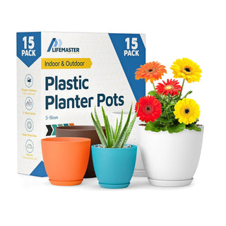 Plant Pots with Drainage Holes & Saucers, Indoor & Outdoor Stackable Plastic Planters in Multiple Sizes for Houseplants & Flowers, Durable & Weatherproof Materials, Matte Finish