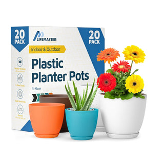 Plant Pots with Drainage Holes & Saucers, Indoor & Outdoor Stackable Plastic Planters in Multiple Sizes for Houseplants & Flowers, Durable & Weatherproof Materials, Matte Finish